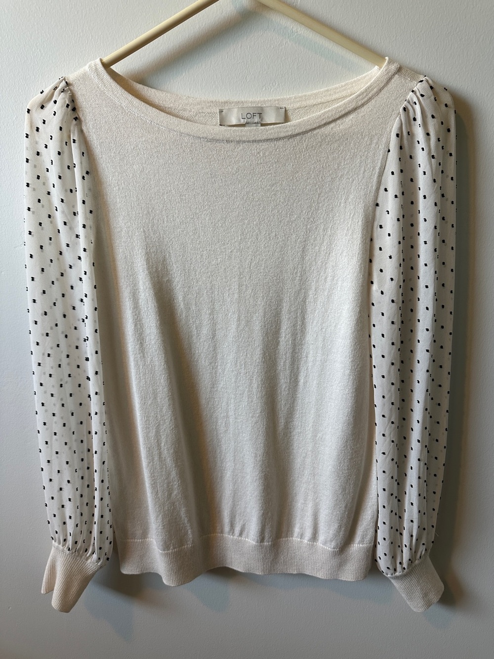 LOFT Cream Knit Top with Sheer Polka Dot Sleeves